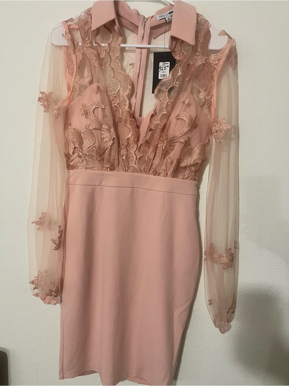 Fashion Nova Blush Pink Lace Mesh Long Sleeve Party Dress